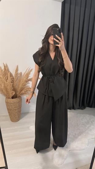 Eloya Klasik Kumaş Bol Paça Pantolon Beli İpli Yelek Takım Siyah