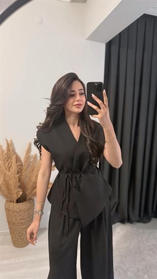 Eloya Klasik Kumaş Bol Paça Pantolon Beli İpli Yelek Takım Siyah