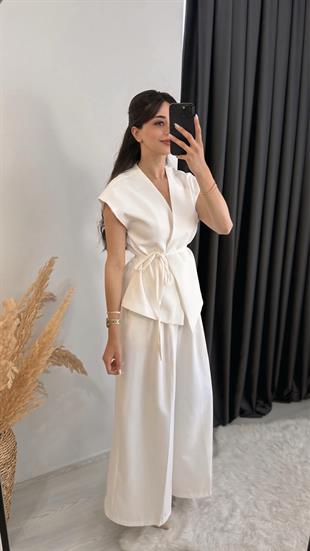 Eloya Klasik Kumaş Bol Paça Pantolon Beli İpli Yelek Takım Beyaz