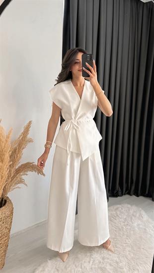 Eloya Klasik Kumaş Bol Paça Pantolon Beli İpli Yelek Takım Beyaz