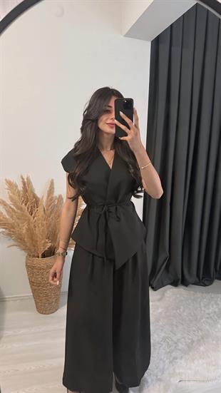 Eloya Klasik Kumaş Bol Paça Pantolon Beli İpli Yelek Takım Siyah