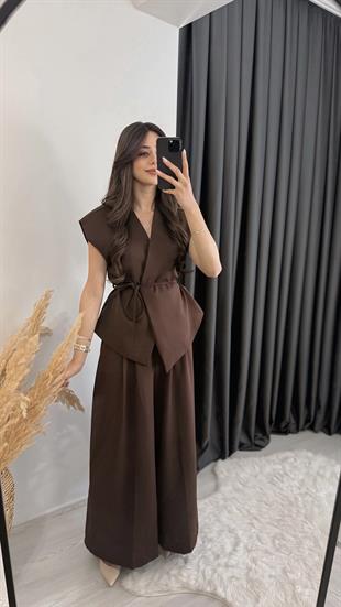 Eloya Klasik Kumaş Bol Paça Pantolon Beli İpli Yelek Takım Kahve