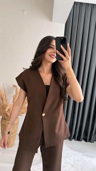 Eloya Klasik Kumaş Bol Paça Pantolon Gold Düğmeli Yelek Takım Kahve