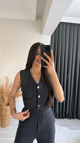 Enoya Likralı Krep Kumaş Çizgili Pantalon Yelek Takım Lacivert
