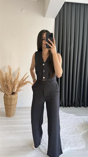 Enoya Likralı Krep Kumaş Çizgili Pantalon Yelek Takım Lacivert