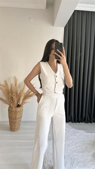 Enoya Likralı Krep Kumaş Çizgili Pantalon Yelek Takım Beyaz