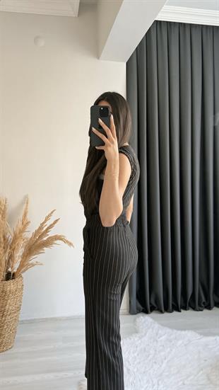 Enoya Likralı Krep Kumaş Çizgili Pantalon Yelek Takım Siyah