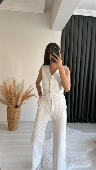Enoya Likralı Krep Kumaş Çizgili Pantalon Yelek Takım Beyaz