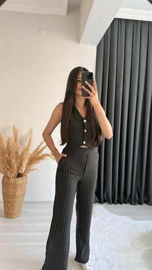 Enoya Likralı Krep Kumaş Çizgili Pantalon Yelek Takım Siyah