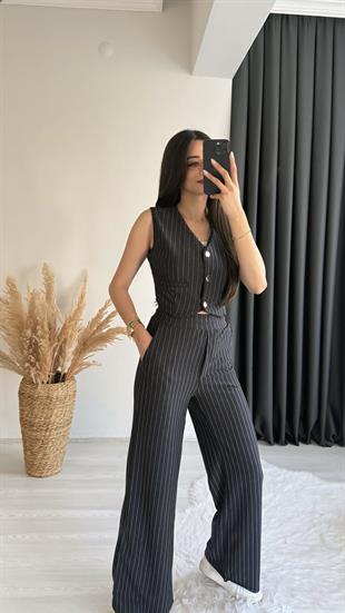Enoya Likralı Krep Kumaş Çizgili Pantalon Yelek Takım Lacivert