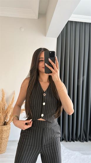 Enoya Likralı Krep Kumaş Çizgili Pantalon Yelek Takım Siyah