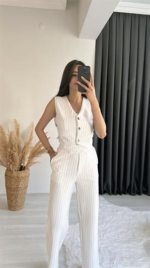Enoya Likralı Krep Kumaş Çizgili Pantalon Yelek Takım Beyaz