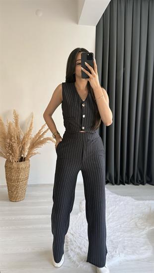 Enoya Likralı Krep Kumaş Çizgili Pantalon Yelek Takım Lacivert
