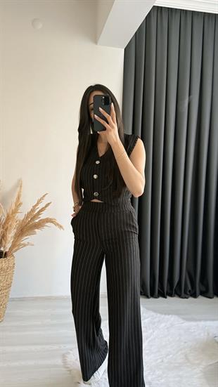 Enoya Likralı Krep Kumaş Çizgili Pantalon Yelek Takım Siyah