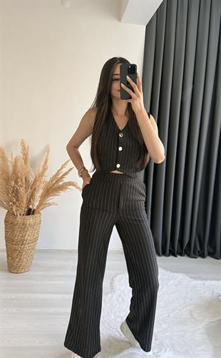 Enoya Likralı Krep Kumaş Çizgili Pantalon Yelek Takım Siyah