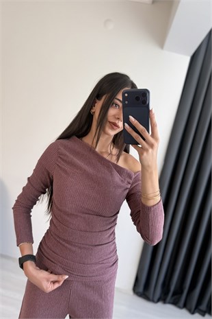 Falsy Kırınkıl Kumaş Büzgülü Bordo Takım
