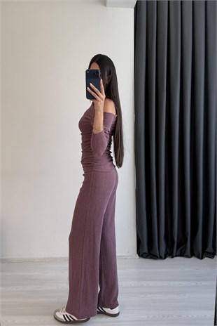 Falsy Kırınkıl Kumaş Büzgülü Bordo Takım