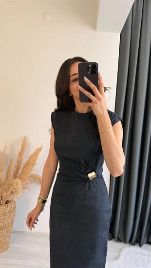 Ferida Midi Boy Gold Aksesuarlı Denim Elbise 