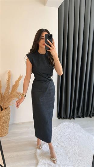 Ferida Midi Boy Gold Aksesuarlı Denim Elbise 