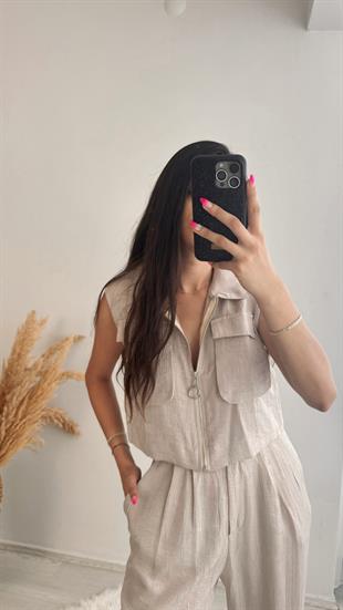 Fermuarlı Cepli Simli Kumaş Pantalon Yelek Takım Bej