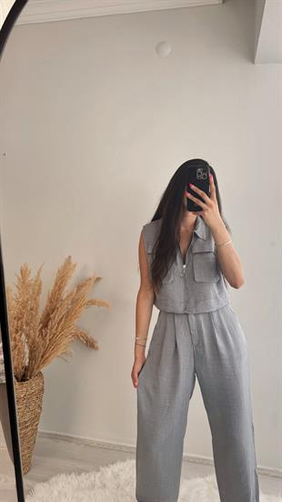 Fermuarlı Cepli Simli Kumaş Pantalon Yelek Takım Gri