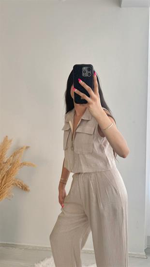 Fermuarlı Cepli Simli Kumaş Pantalon Yelek Takım Bej