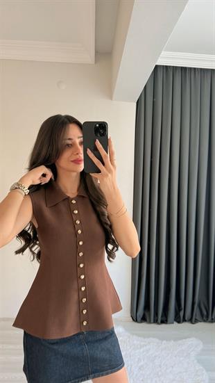 Fiana Kahve Gold Düğmeli Yakalı Yelek