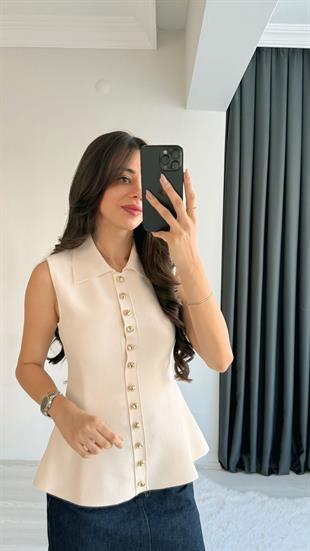Fiana Krem Gold Düğmeli Yakalı Yelek