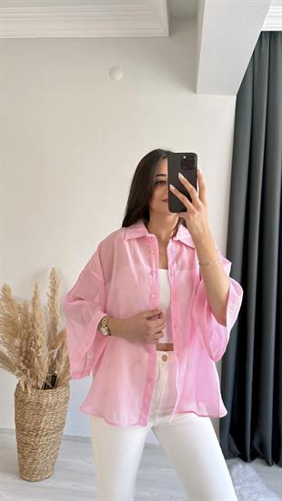 Fiona Lüx Kalite Basic Salaş Tensel Gömlek Pembe