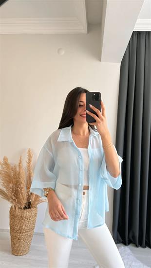 Fiona Lüx Kalite Basic Salaş Tensel Gömlek Mavi