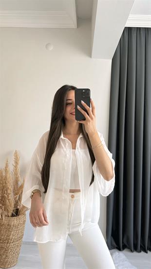 Fiona Lüx Kalite Basic Salaş Tensel Gömlek Beyaz