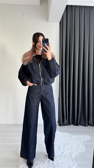 Flaw Yakası Kürklü Denim Ceket Pantolon Takım