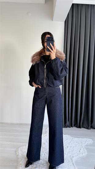 Flaw Yakası Kürklü Denim Ceket Pantolon Takım