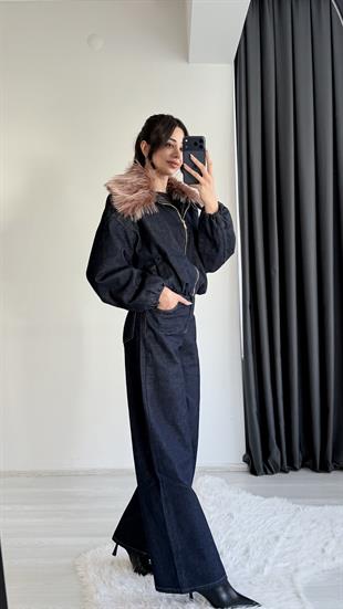 Flaw Yakası Kürklü Denim Ceket Pantolon Takım