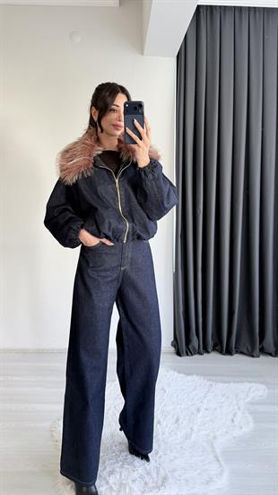 Flaw Yakası Kürklü Denim Ceket Pantolon Takım