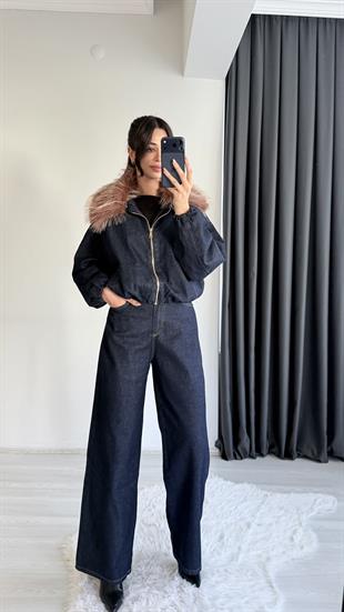 Flaw Yakası Kürklü Denim Ceket Pantolon Takım