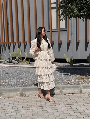 Flore Bej Volanlı Tasarım Elbise