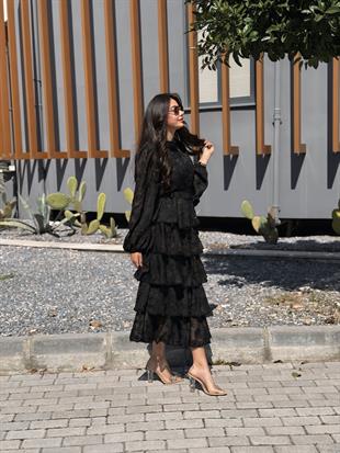 Flore Siyah Volanlı Tasarım Elbise