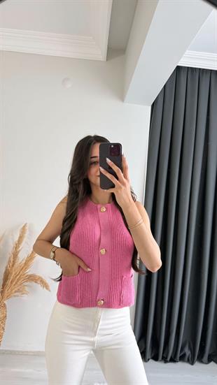 Freja Gold Düğmeli Triko Hırka Pembe