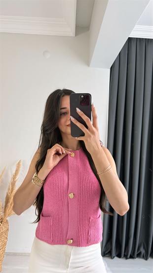 Freja Gold Düğmeli Triko Hırka Pembe