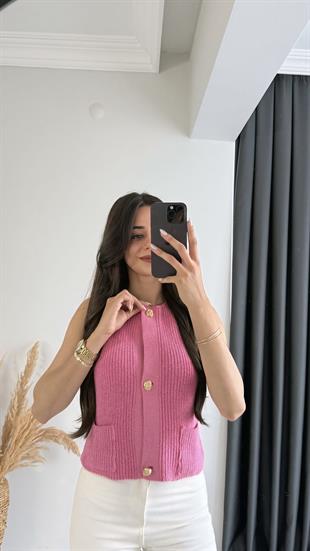 Freja Gold Düğmeli Triko Hırka Pembe