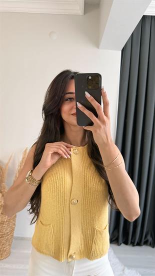 Freja Gold Düğmeli Triko Hırka Sarı