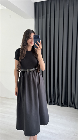Frenk Kemerli Eteği Poplin Kumaş Siyah Elbise