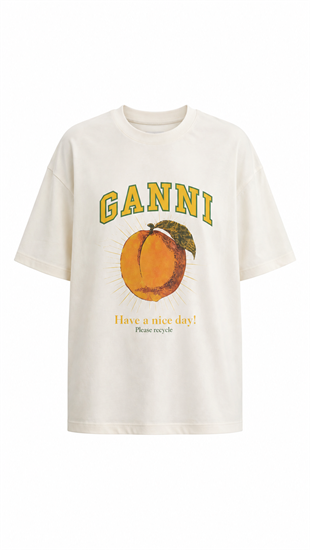 Ganni Yazılı Baskılı Pamuklu  Basic Tshirt Ekru Sarı
