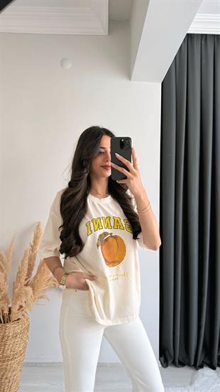 Ganni Yazılı Baskılı Pamuklu  Basic Tshirt Ekru Sarı