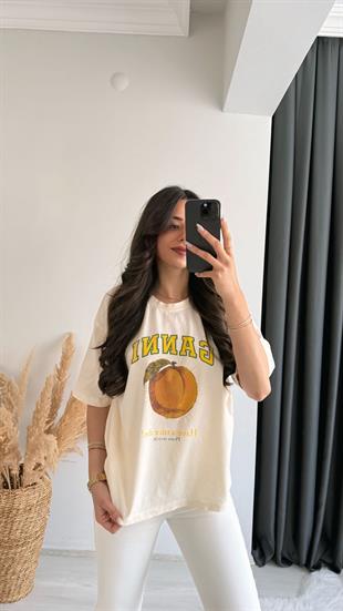 Ganni Yazılı Baskılı Pamuklu  Basic Tshirt Ekru Sarı