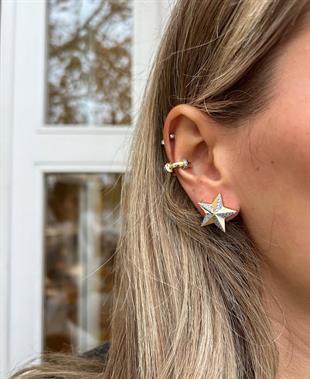 Gold Tasarım Yıldız Zirkon Taşlı 14k Kaplamalı Küpe  