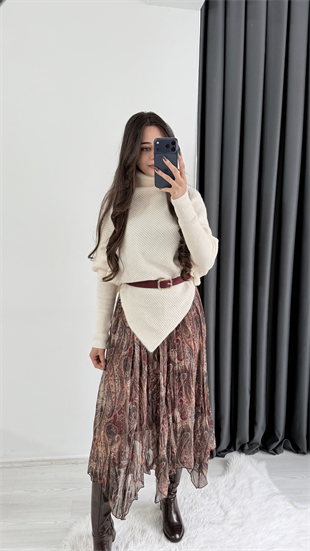 Harle Bordo Şal Desenli Maxi Asimetrik Etek 