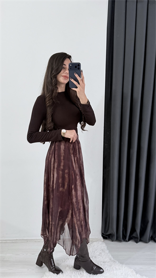 Harle Kahve Etnik Desenli Maxi Asimetrik Etek 