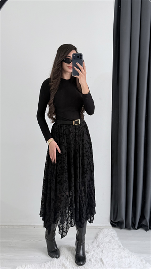 Harle Siyah Flok Baskı Maxi Asimetrik Etek 